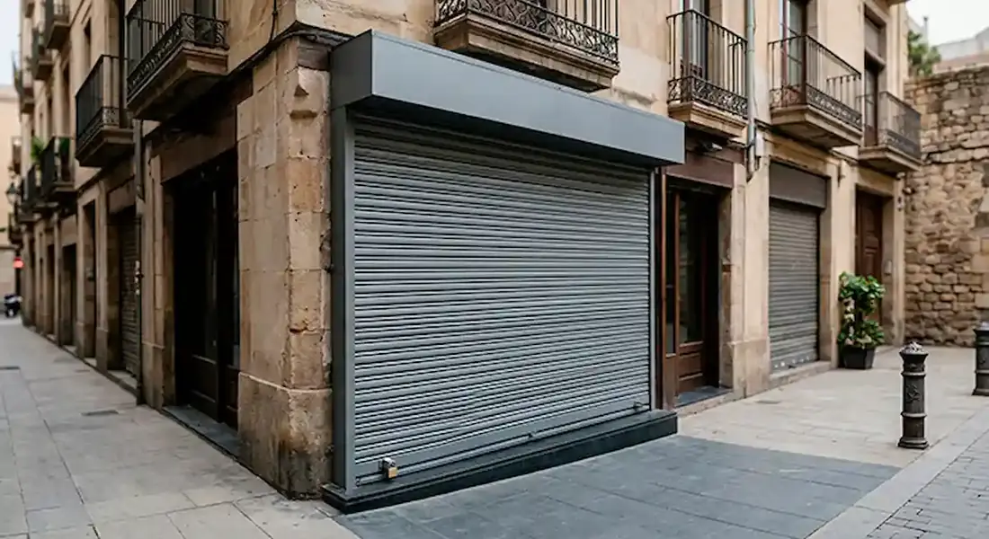 Cierre metálico bajado en el local de una esquina de Barcelona